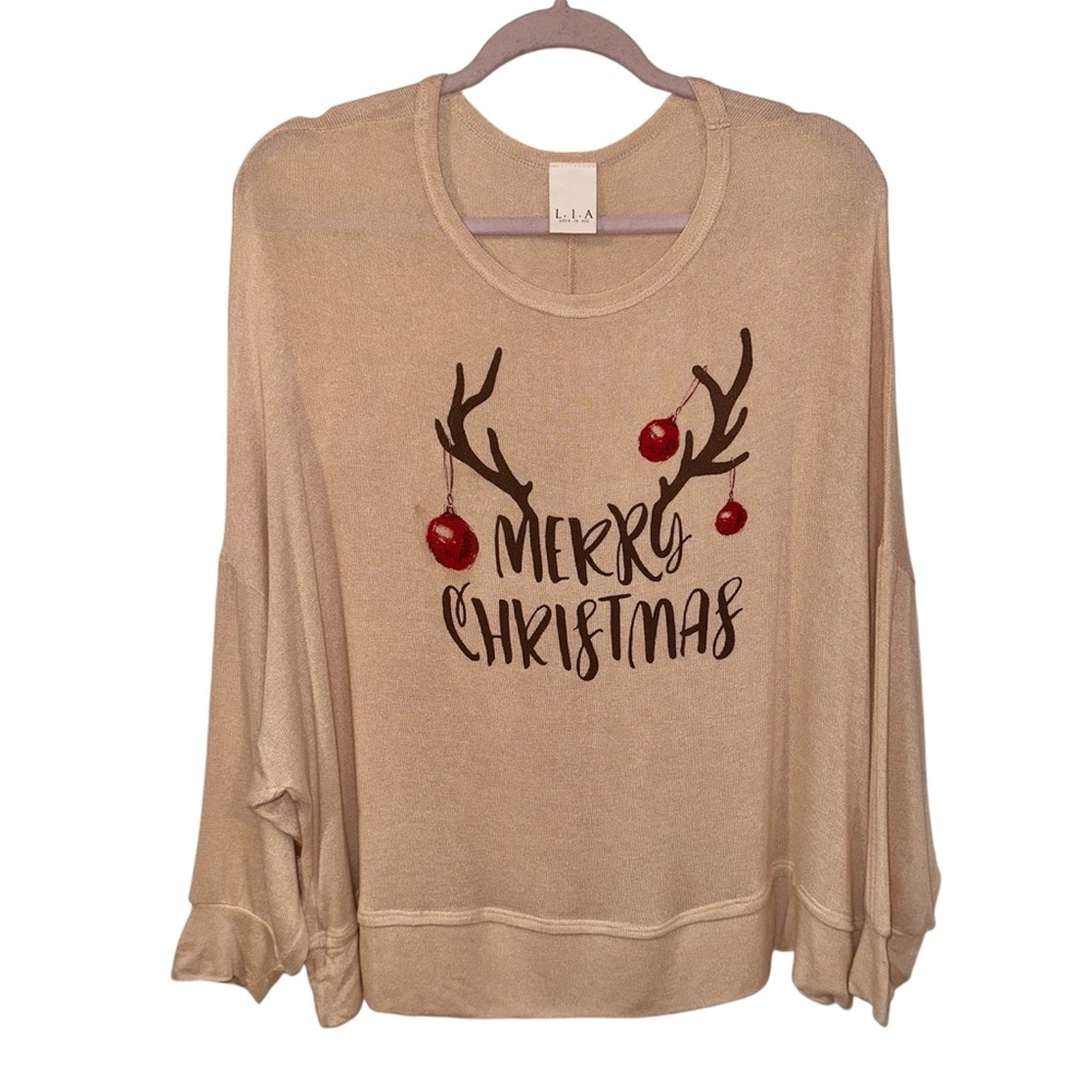L.I.A. Love Is All Size Medium Christmas Pullover Deer Antlers Dolman Sleeves